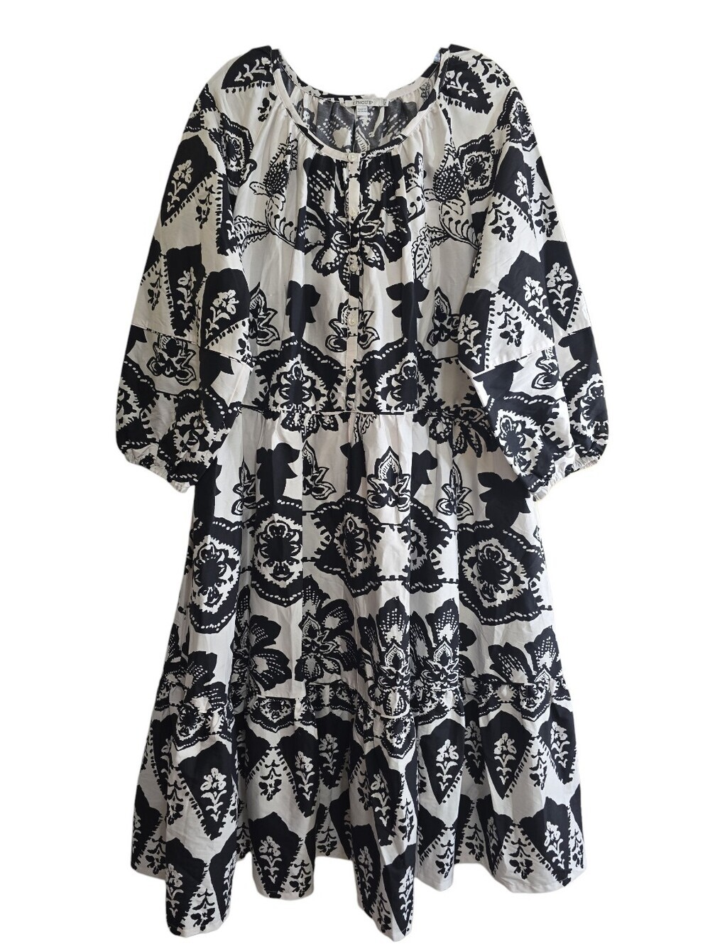 Chico's Poplin Balloon Sleeve Floral Midi Dress 3.5 18 Black White - Picture 2 of 8